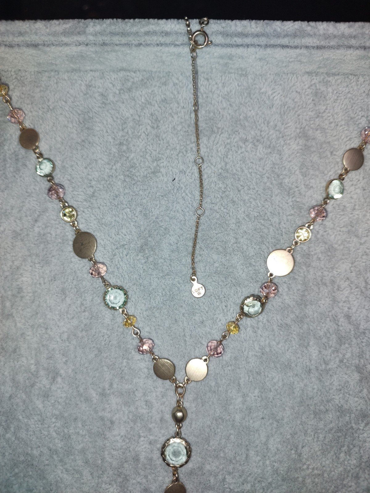Vintage Loft goldtone and Pastel Green,Yellow, Pink Stones ,Gold tassel Necklace