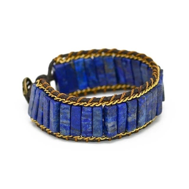Natural Wide Lapis lazuli Beads Healing Chakra Blue Gemstone Warp Bracelet