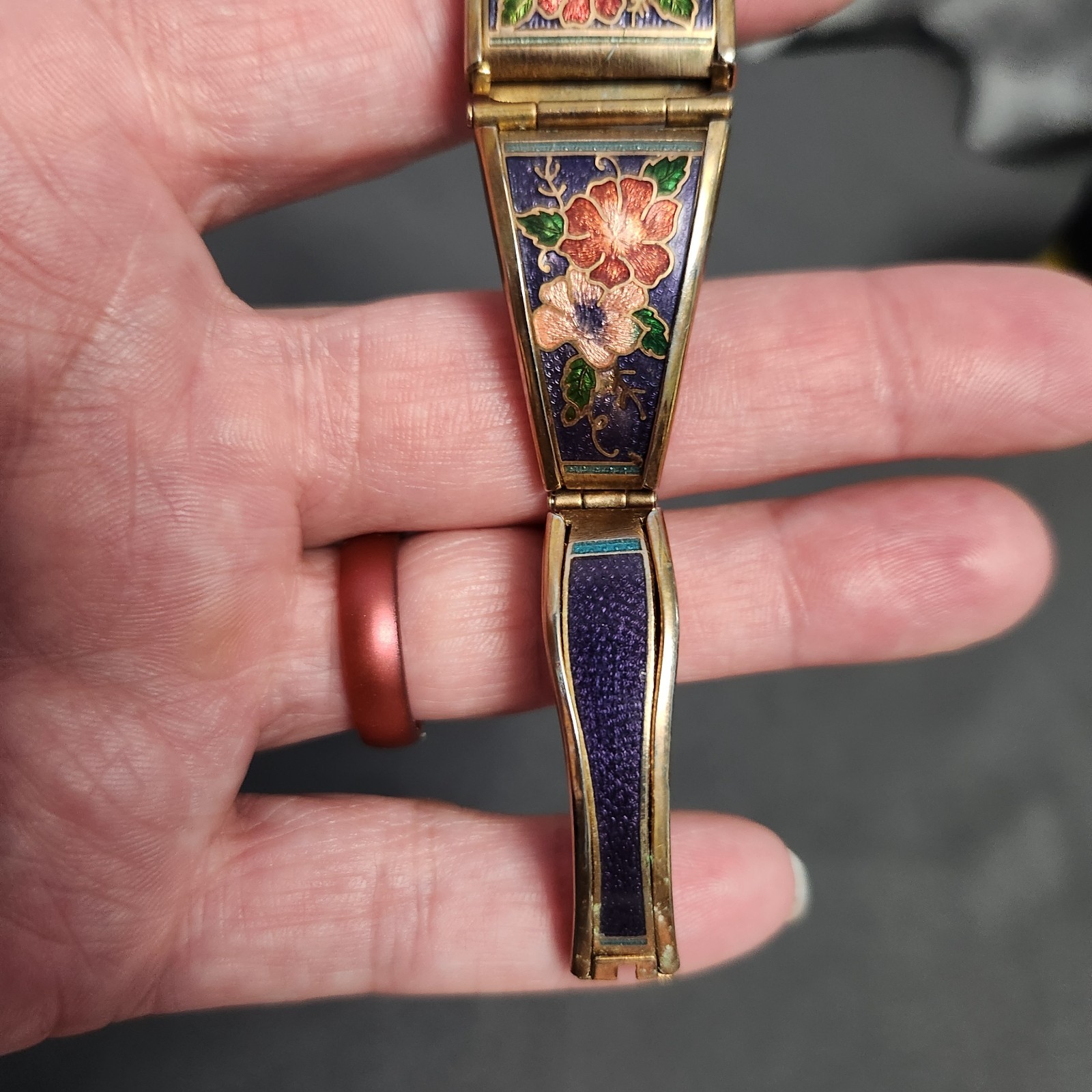 Vintage Chinese Cloisonne Enamel Panel Link Bracelet Butterfly Floral Purple