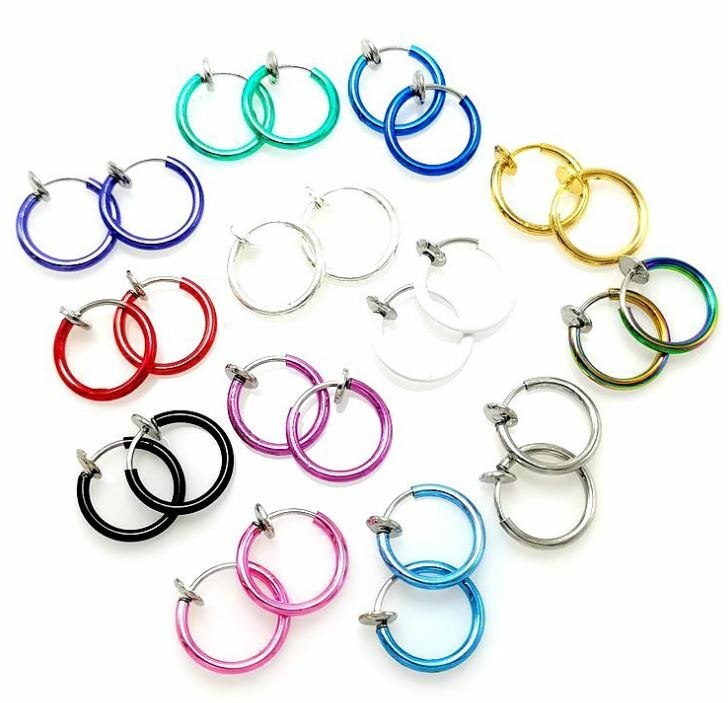 1 Pair Spring Clip On Hoops Earrings ½” 13MM Silver Gold J. Black Pink TQ