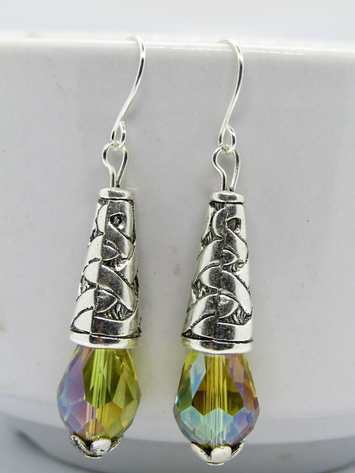 Yellow AB Teardrop Crystal Decorative Cone Silver Dangle Earrings USA MADE