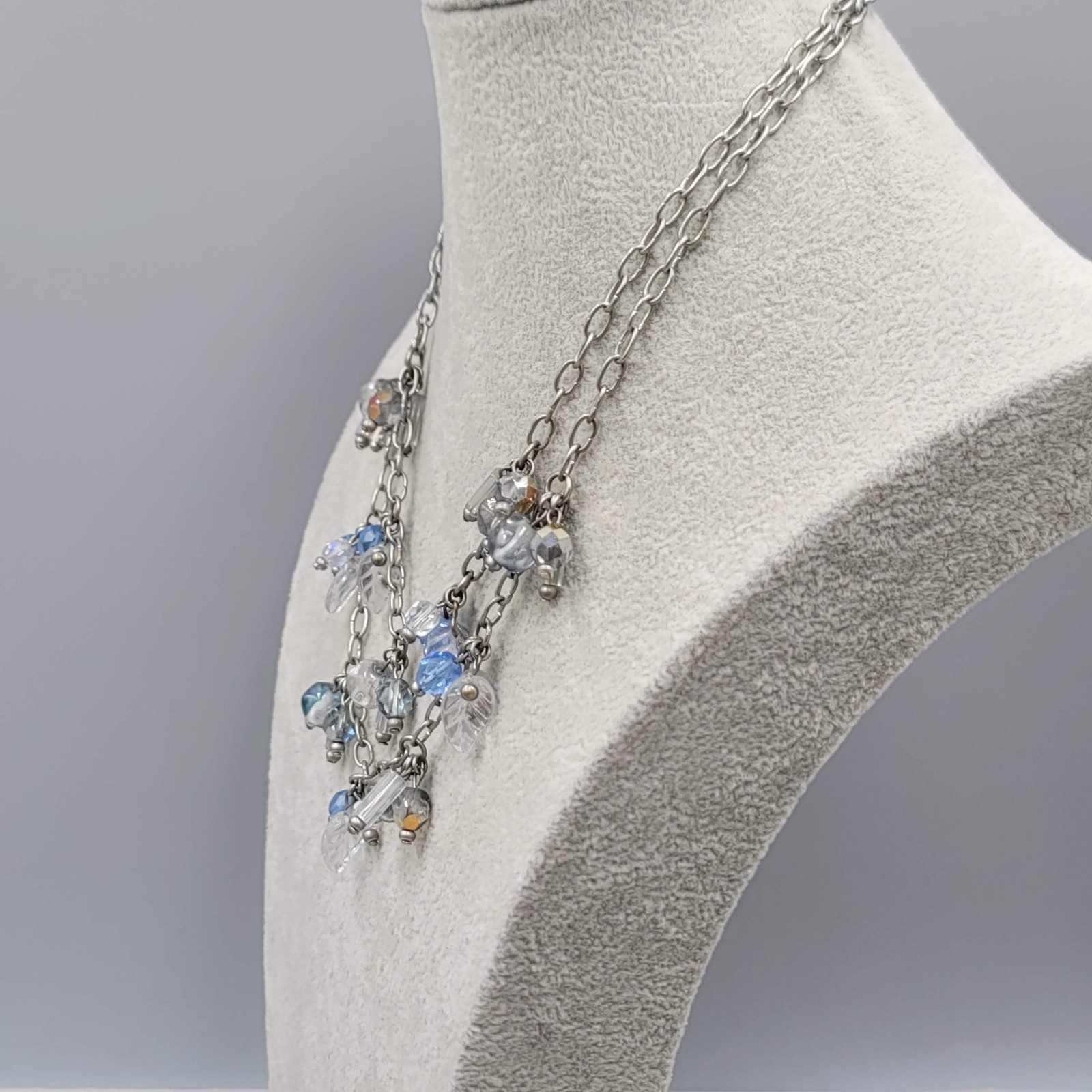 Blue & Clear Glass Bead Necklace Silver tone Triple Chain Layered 18″ adjustable