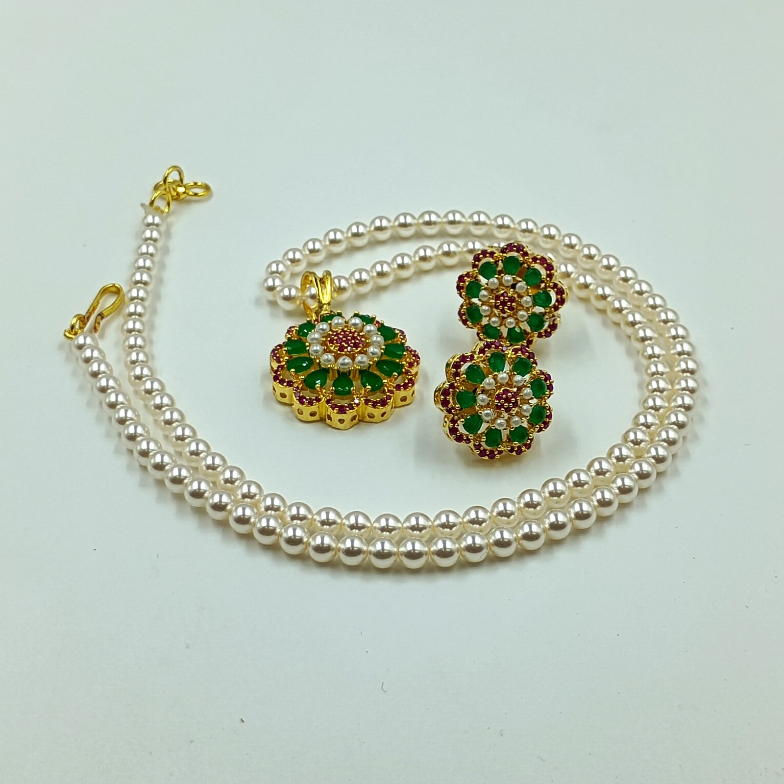 Ruby Emerald Pearl Pendant Set 22k Gold Plated Traditional South Indian