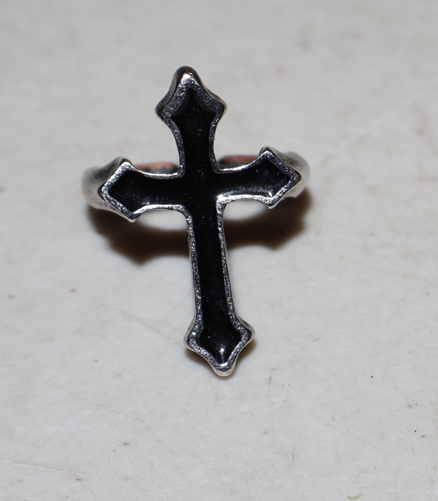 Silver Tone Black Cross Ring Open Back