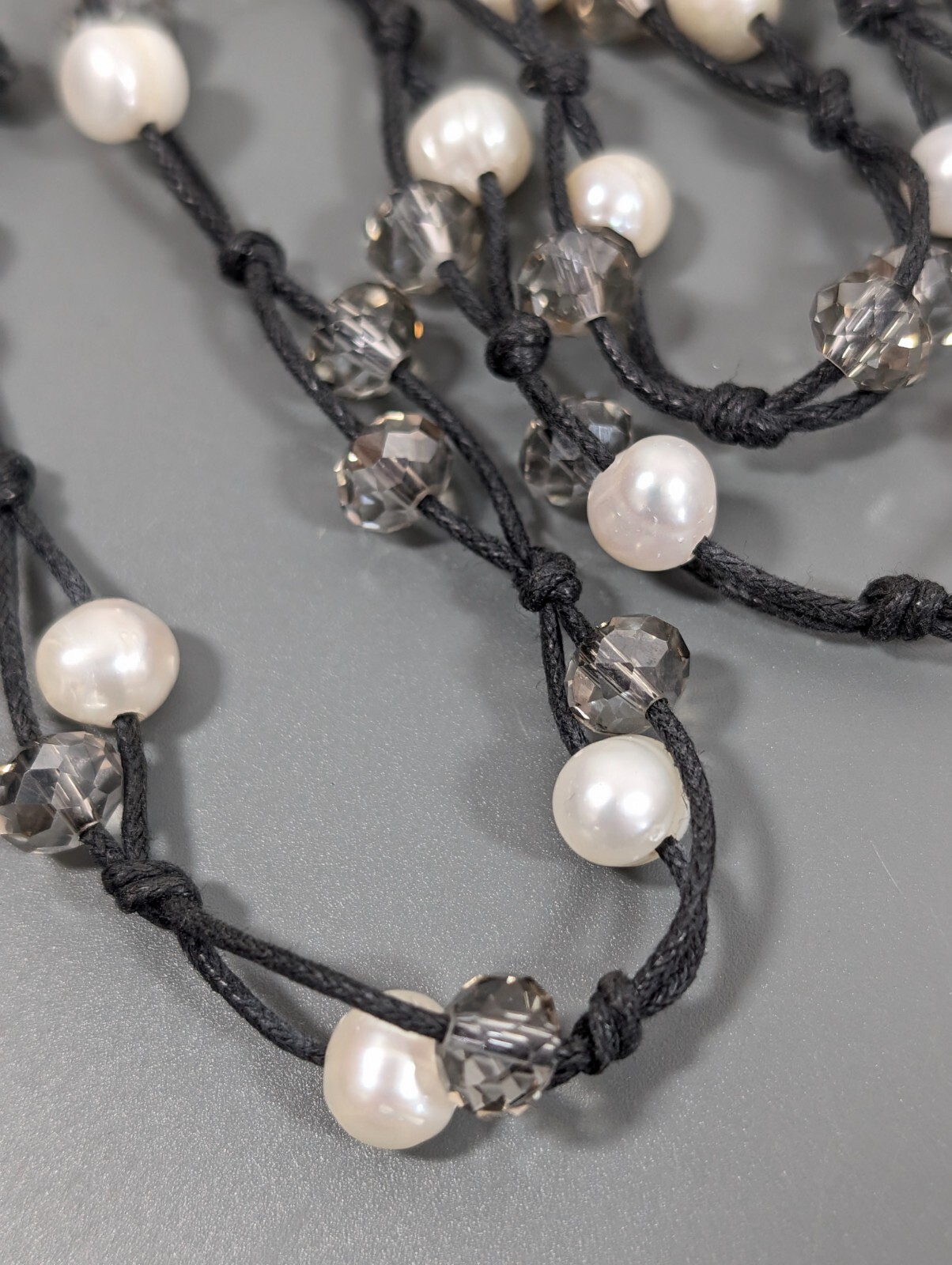 Boho BEachy Black Cord White Pearl Gray Glass Bead Layering Long Necklace 52 in
