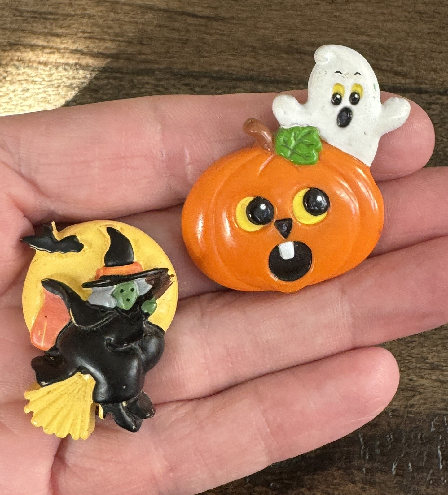 Vintage Lot Of 2 Halloween Pumpkin Ghost Witch Broom Pins Brooches Russ 1.5”