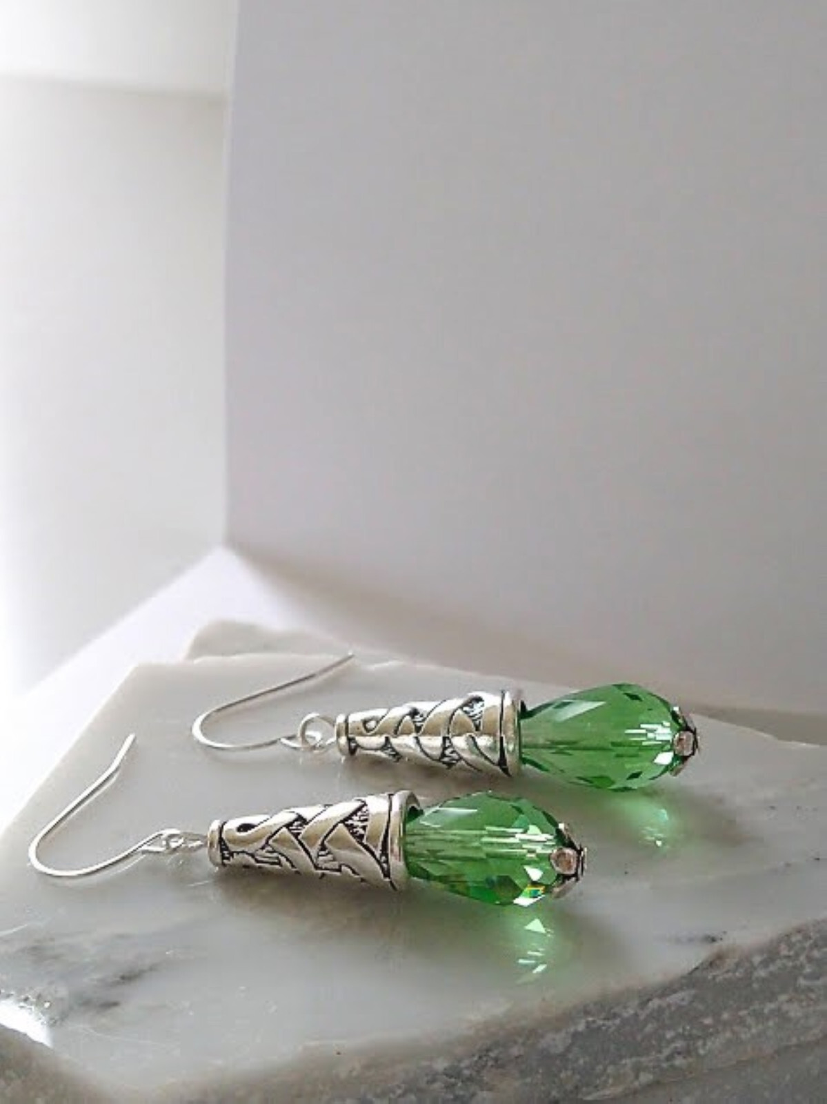 Light Peridot Green Teardrop Crystal Earrings, Ladies Dangle Fashion Earrings