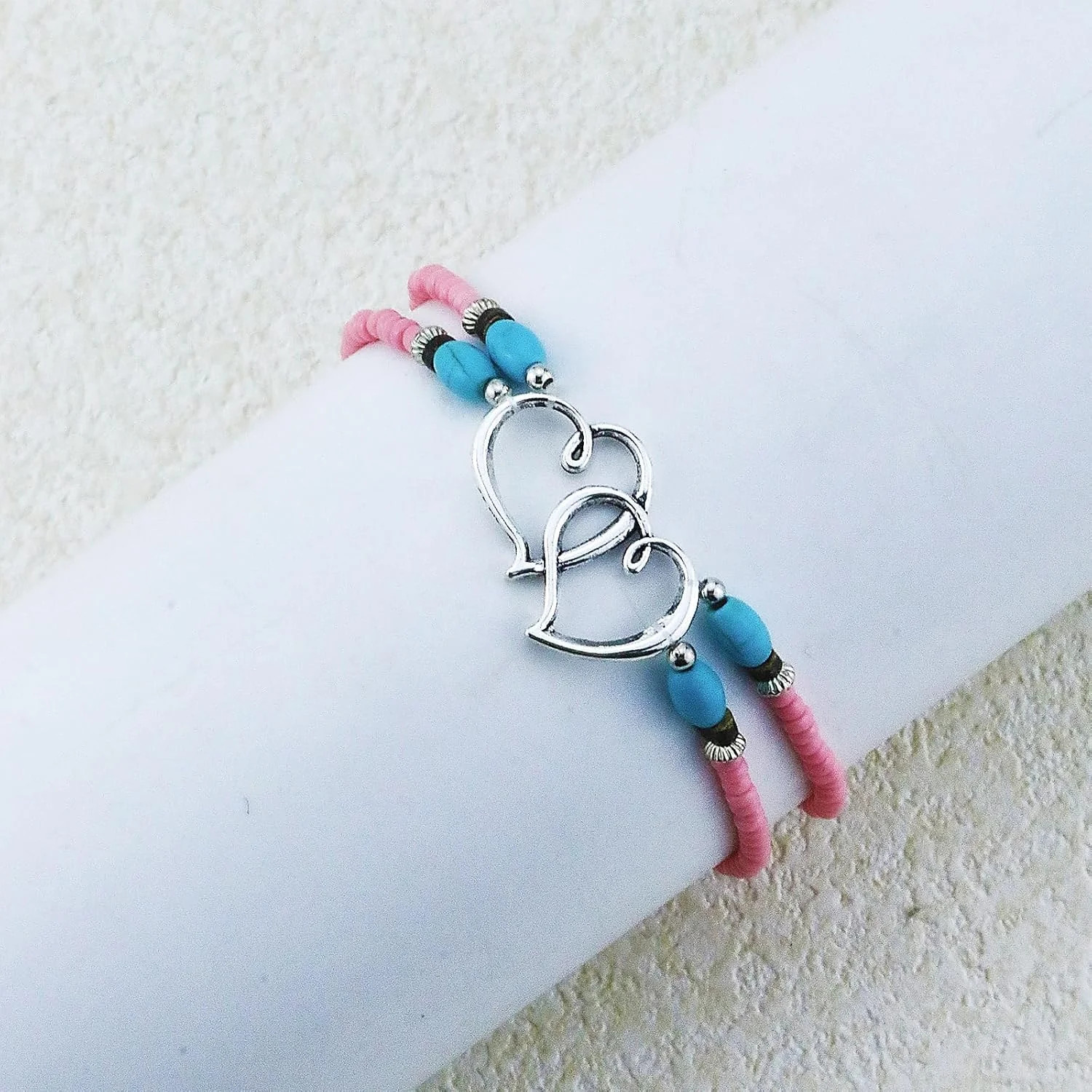 Elastic Beaded Ankle Bracelets for Women Double Heart Layered Stretch Ankle Brac