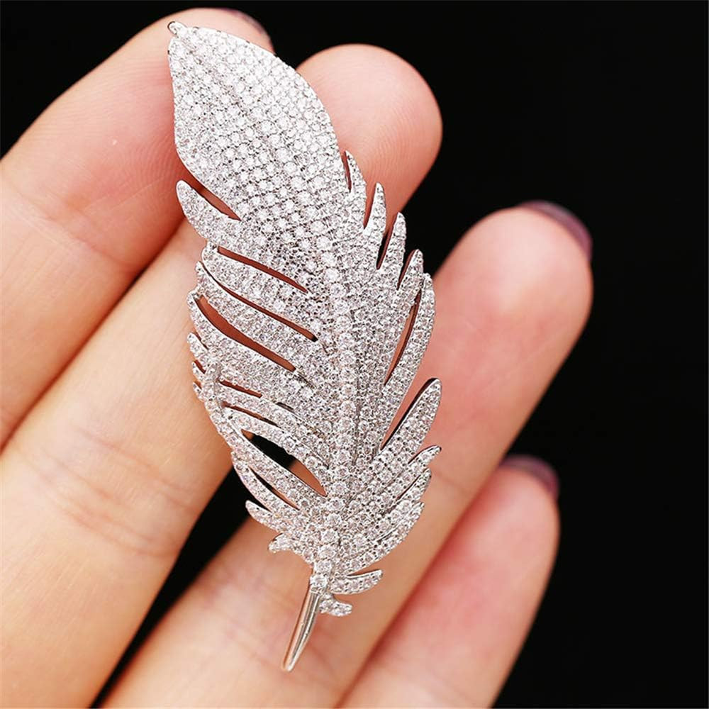 Rhinestone Feather Brooches Pin for Women Men Fashion Crystal Delicate Leaf Broo