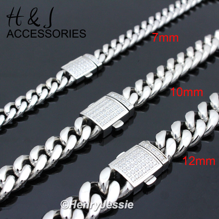 18-40″MEN Stainless Steel 7/10/12mm Silver ICY CZ Miami Cuban Chain Necklace*165