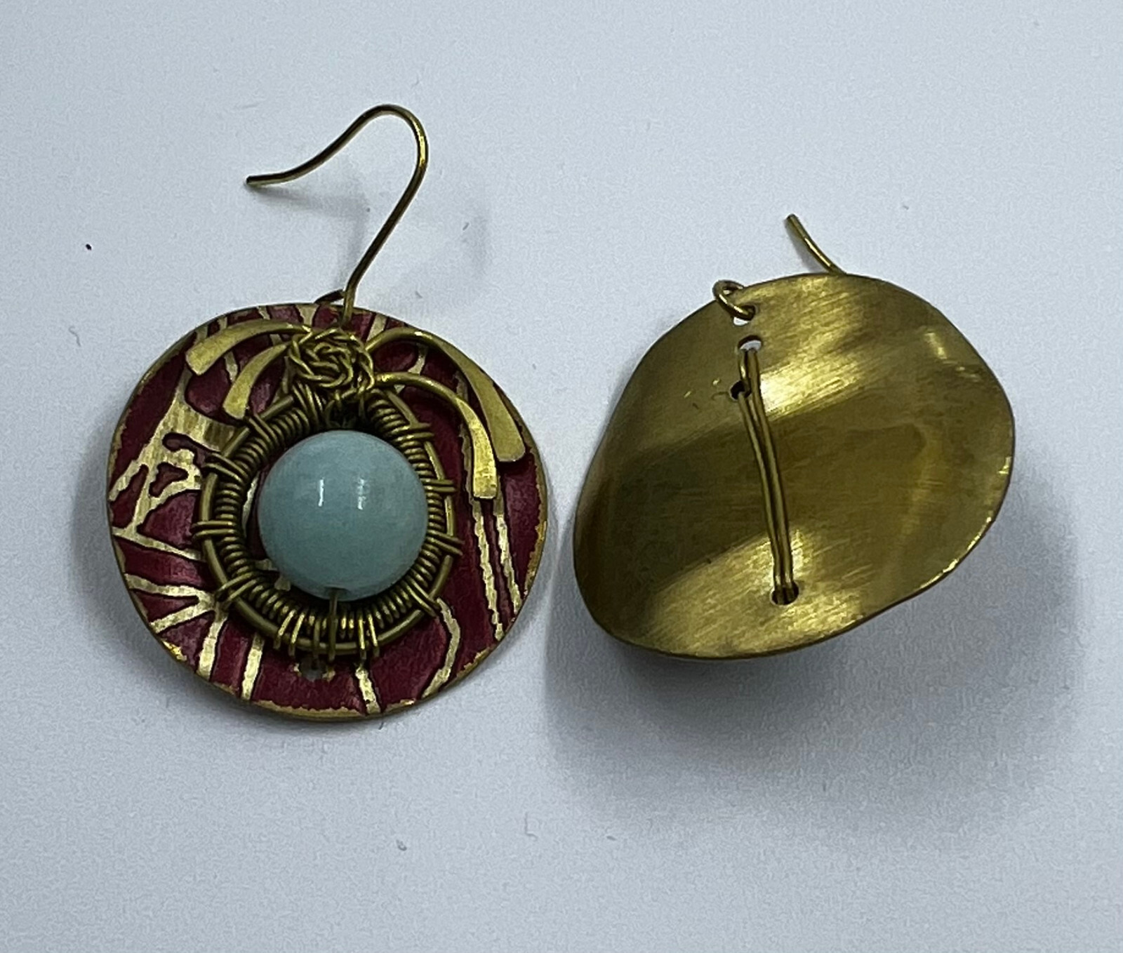 Nickel Free – Red Electroplated Brass Earring w/ Turquoise Cabochon Stone Bead