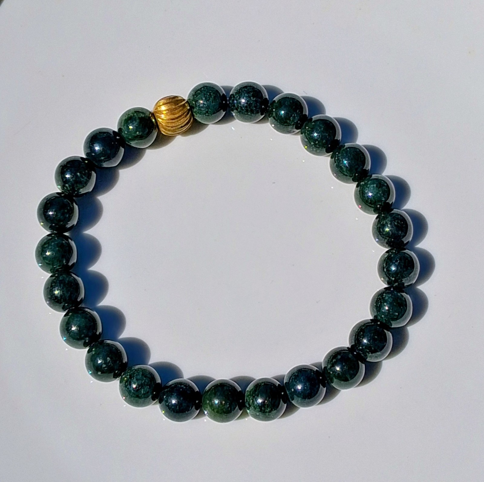 Authentic Natural Jade Green Bracelet Stretch Gold Tone Accent 6.5 in, 7.9mm