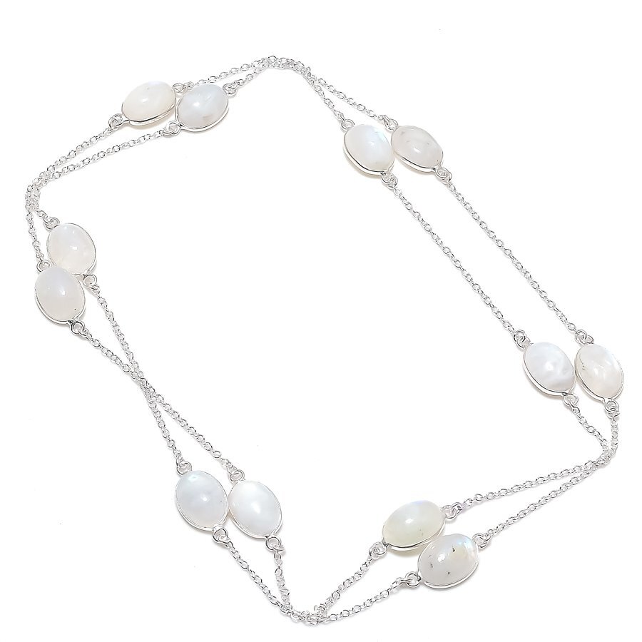 Rainbow Moonstone Gemstone Necklace Handmade Antique Chain Jewelry 36″ CH 3423