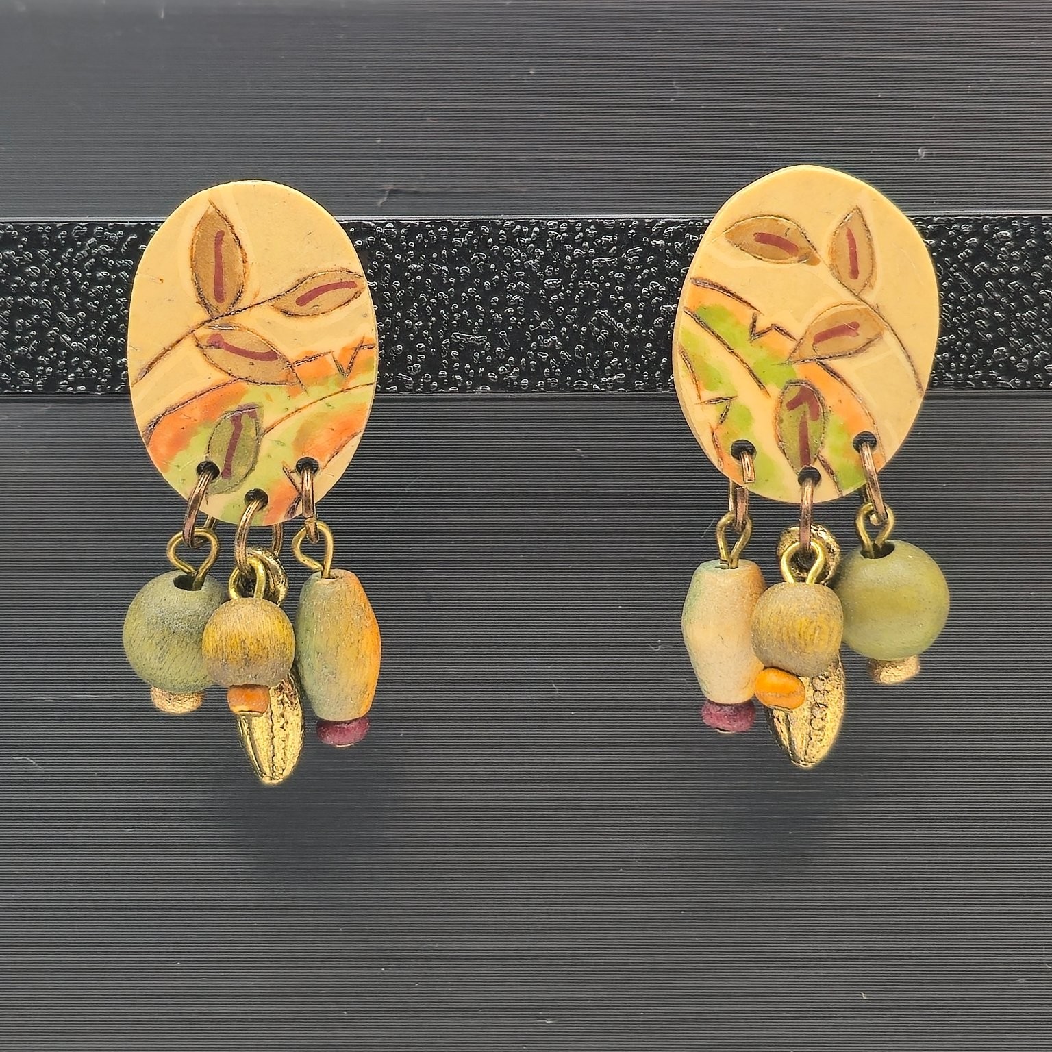 Handcrafted Boho Dangle Drop Earrings Wood Beads Gold Tone Charms 1 5/8 in