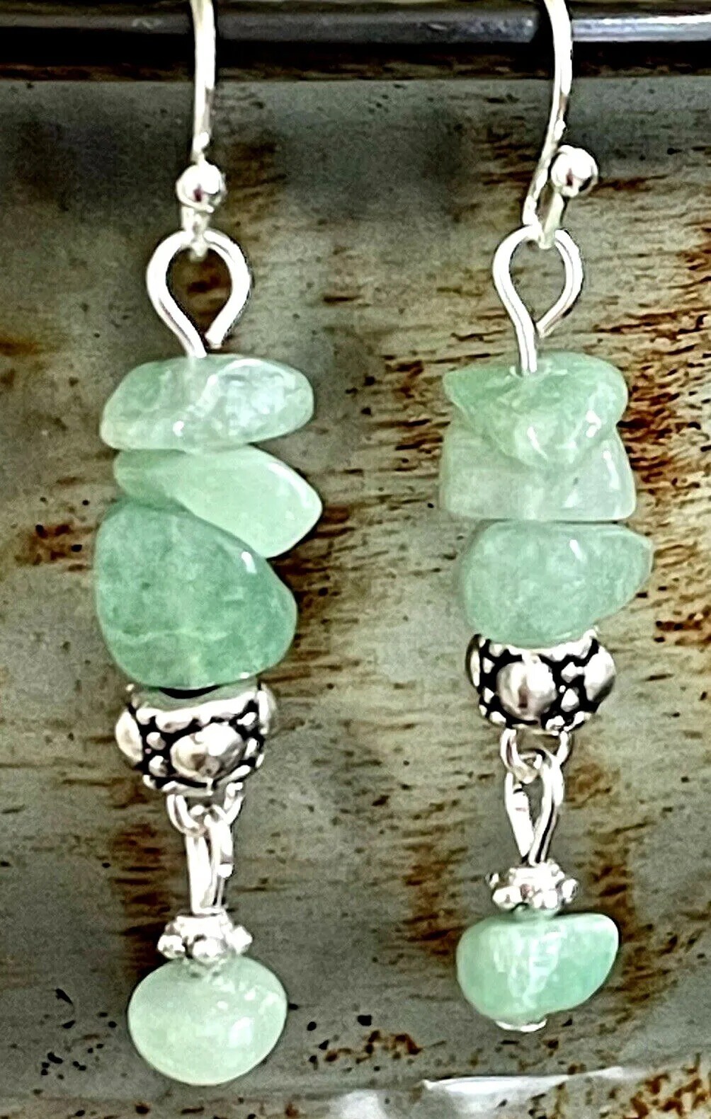 Silver and Green Aventurine Chip Dangle Earrings. Summer. Boho Chic.