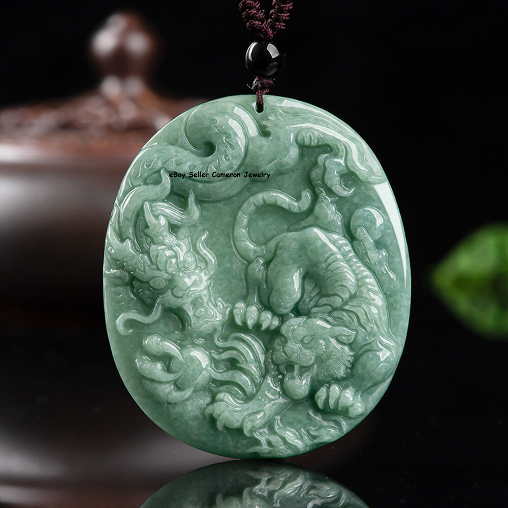 Real Grade A 100% Natural Green Jade Jadeite Lucky Dragon Tiger Oblong Pendant