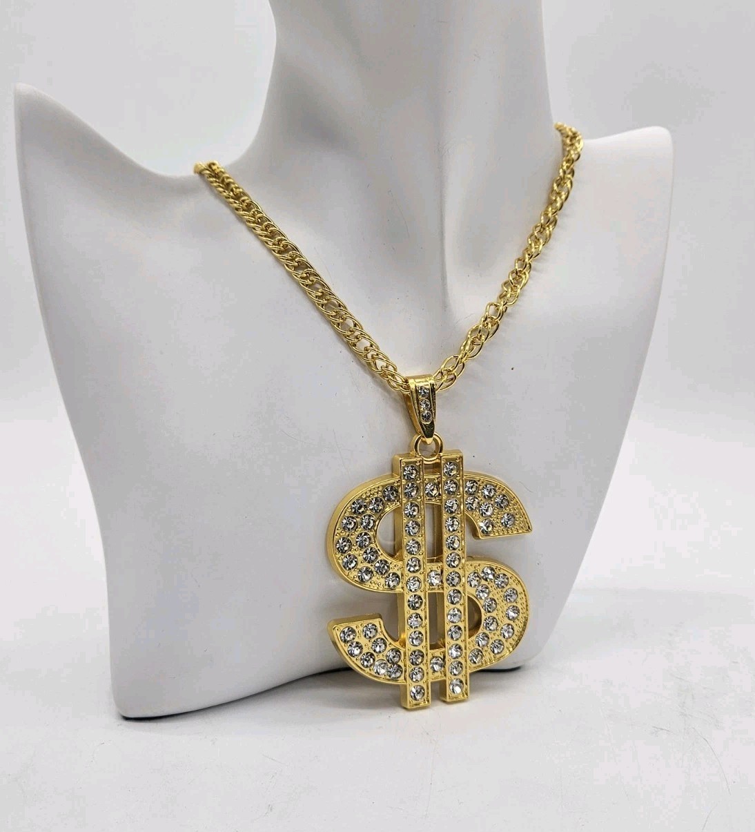 Hip Hop Jewelry Dollar Sign Rhinestone Pendant Golden Chain Necklace 28″ 103