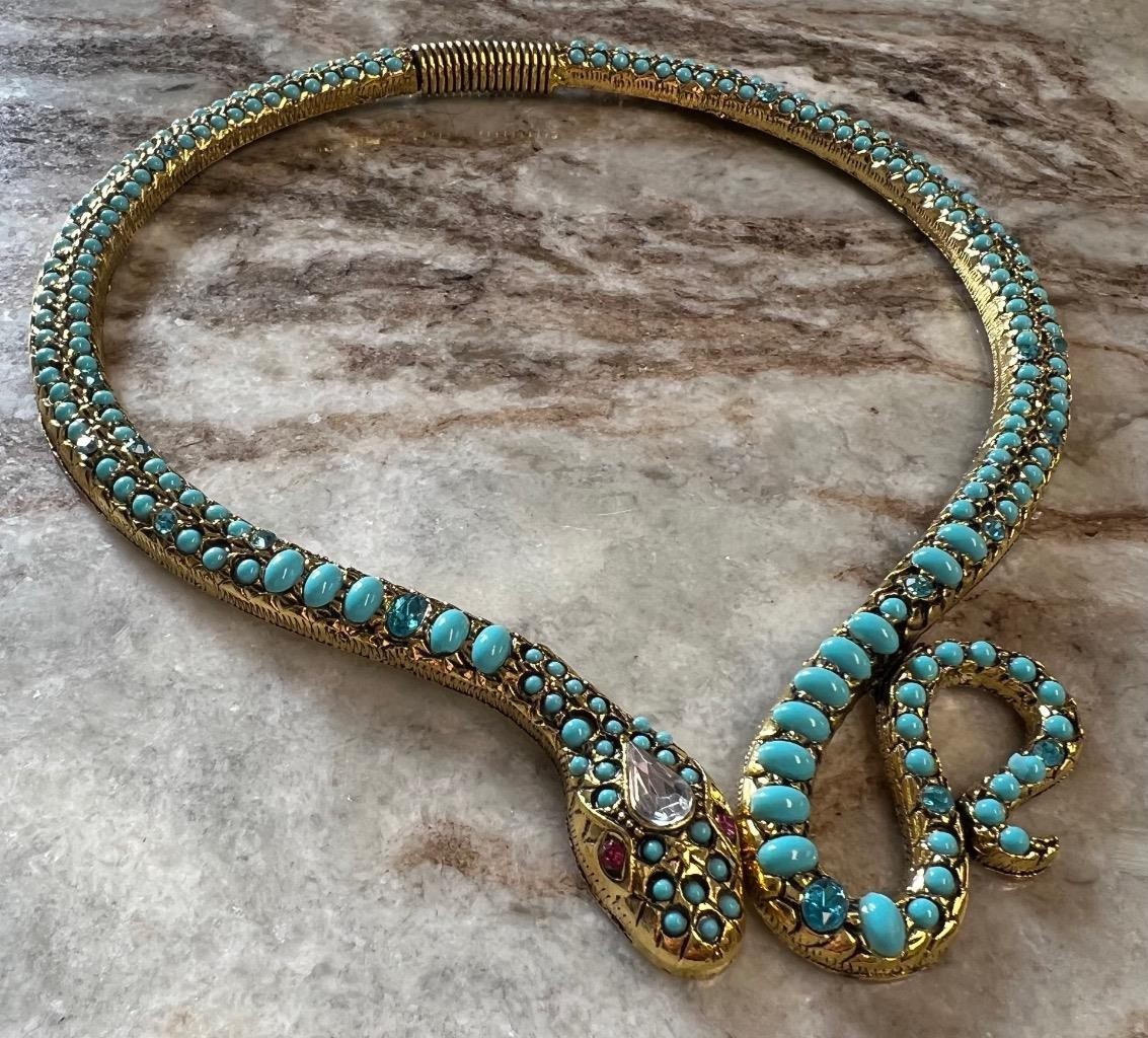 Blue Topaz Turquoise Rhinestone Snake Necklace Wrap Victorian Egyptian Rev. Faux