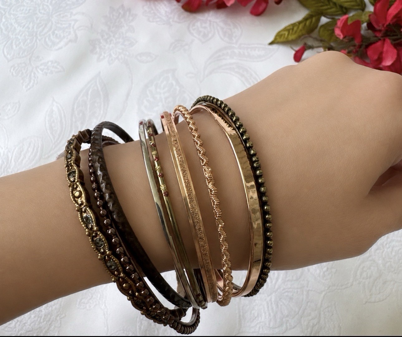 Chico’s Dark Gold Silver Brown Textured Thin Stacked 9 PC Bracelet Set Stack NWT