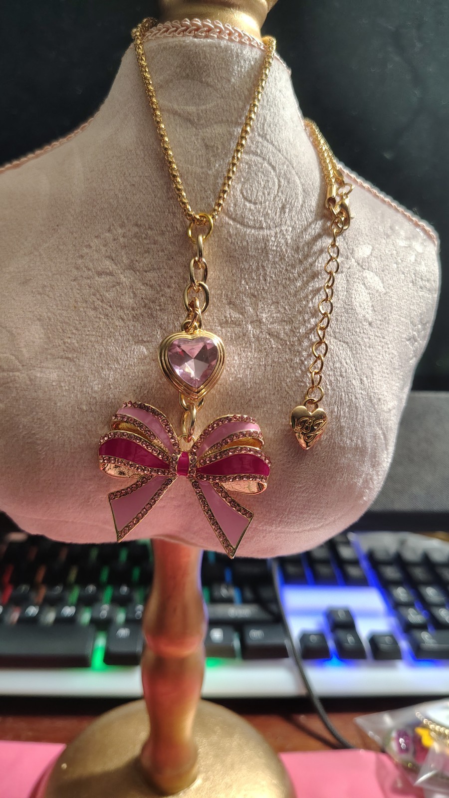 Betsey Johnson Pink Rhinestone Heart And Bow Necklace