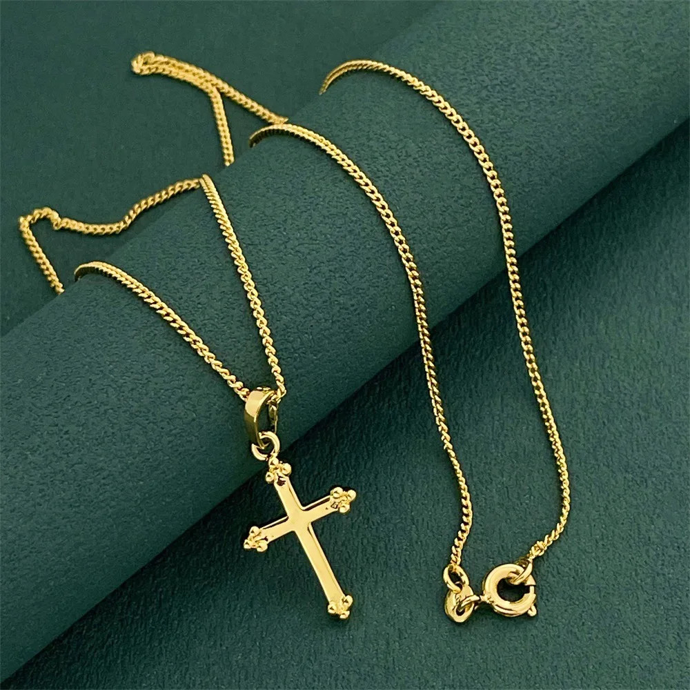 Women’s Delicate Cross Pendant Necklace,24K Gold, AU999 “Stability” engraving wi