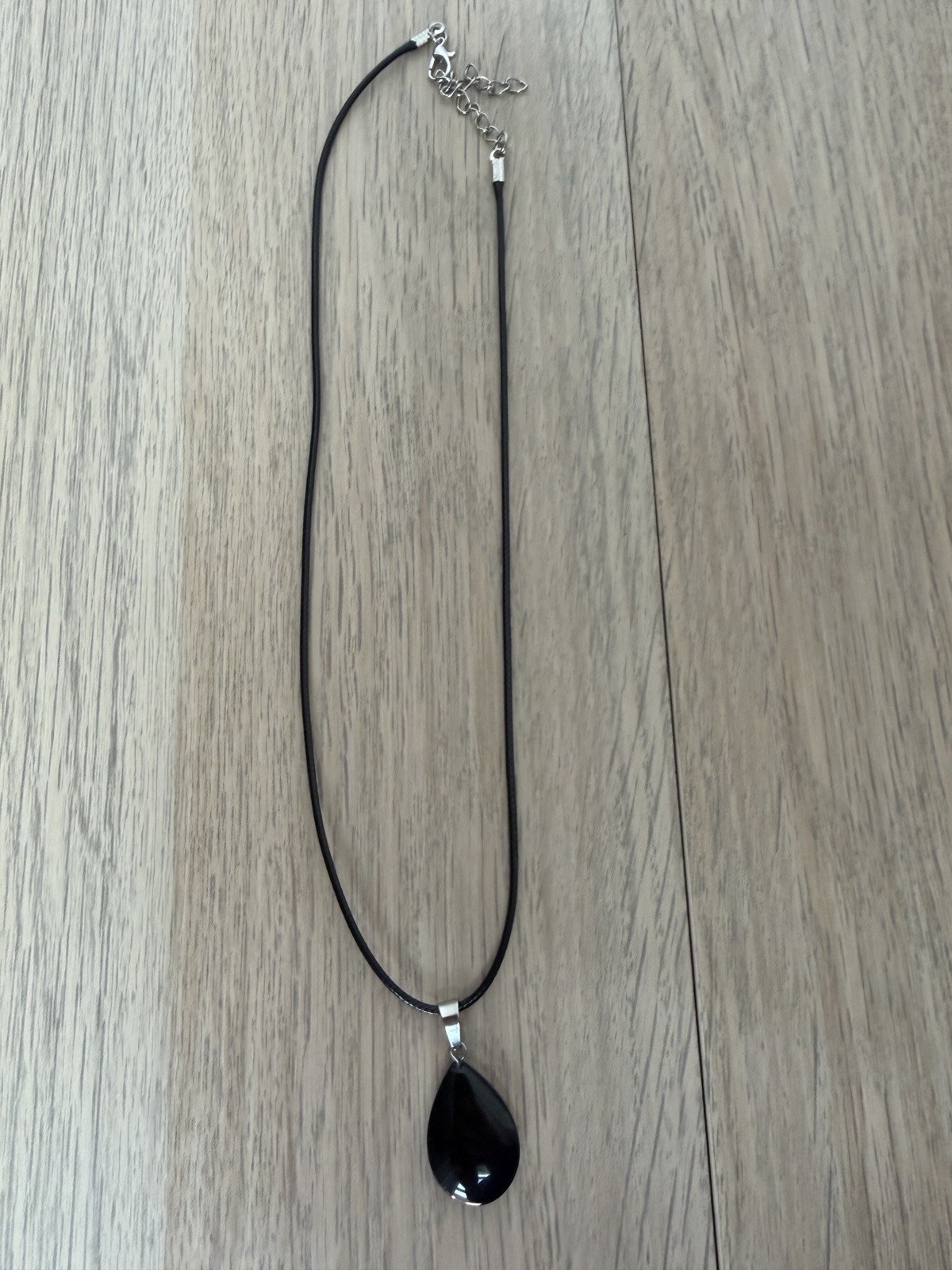 Black Onyx Teardrop Pendant Necklace 19in Braided Cord Silver Bail Crystal New