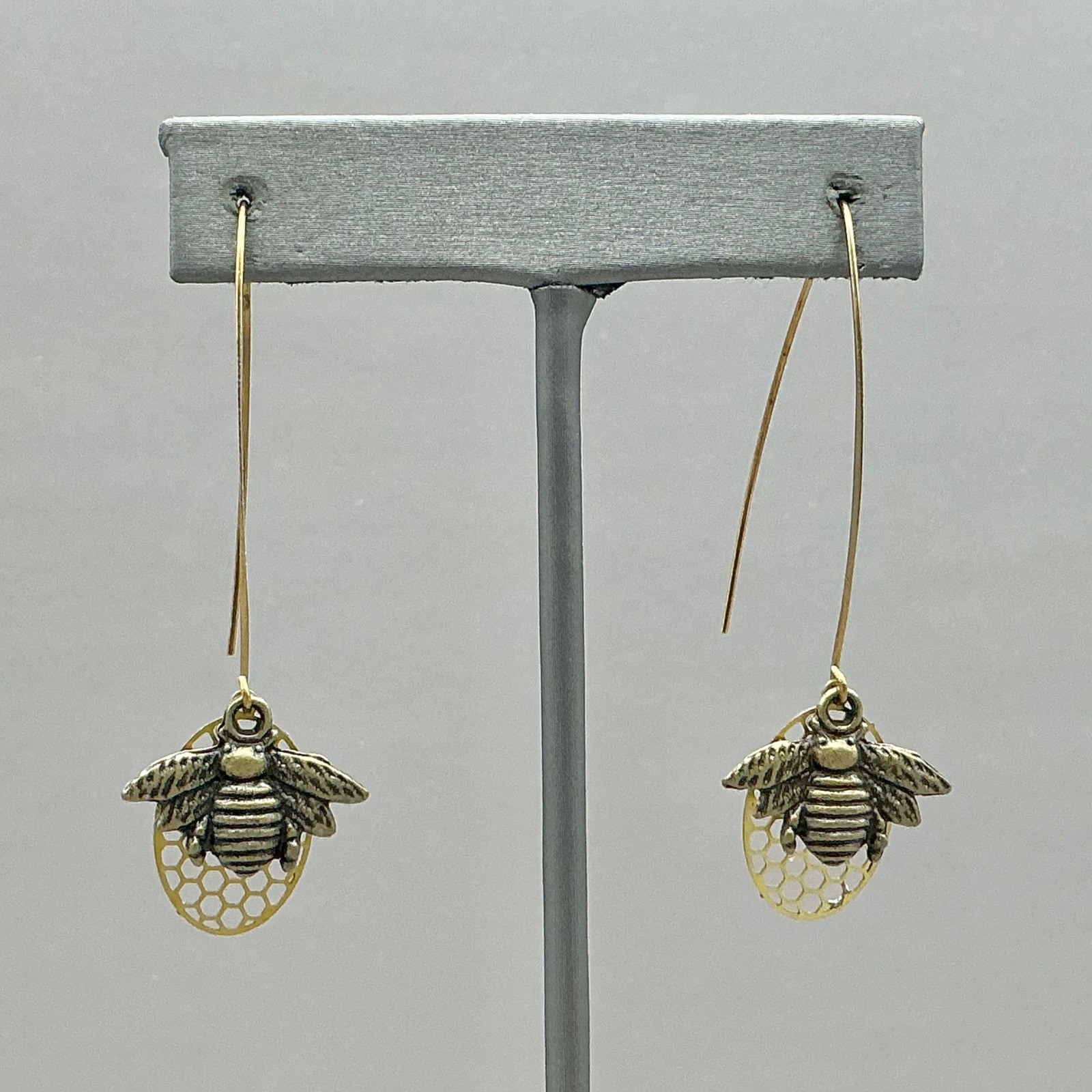 Earrings Women Gold Honey Bee Honeycomb Long Kidney Wire Dangle Drop 2.25 Inch