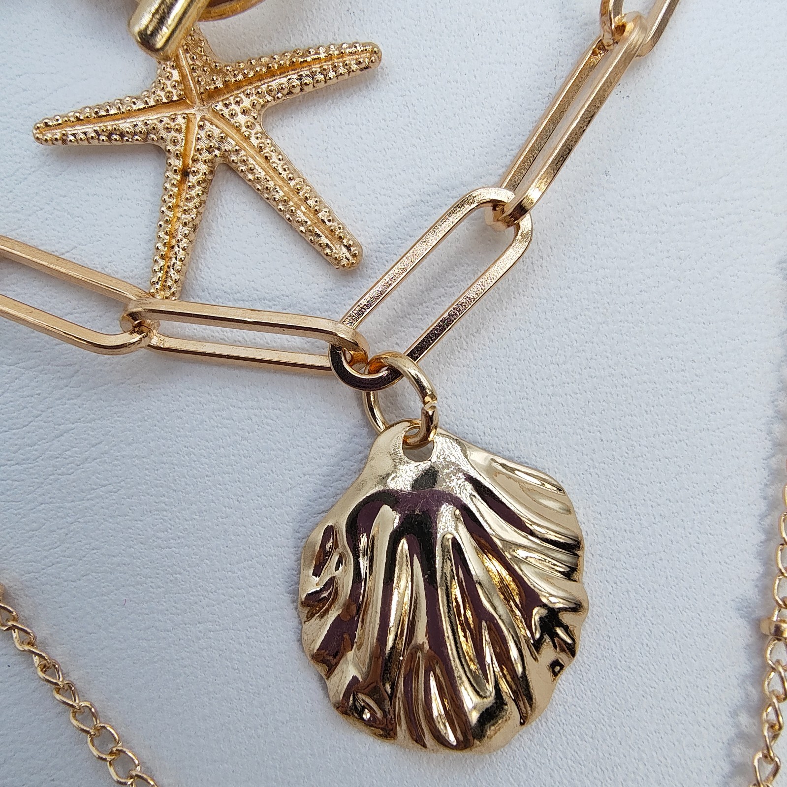 Layered Nautical Shell Starfish Gold Tone Chain Necklace 4 Piece Set Beach