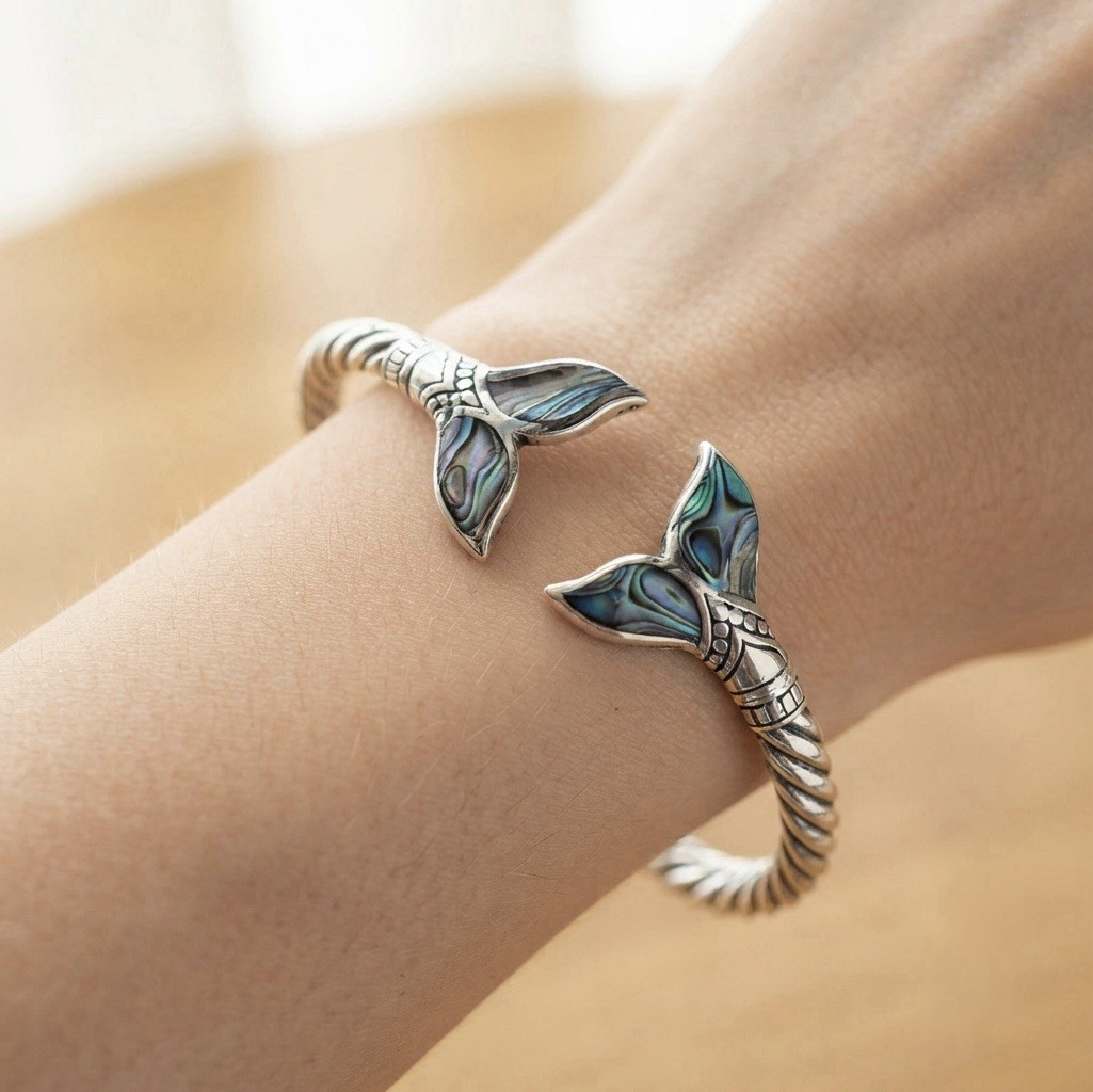 Silver Tone Whale Tail Shell Inlay Cuff Bracelet Open Adjustable Sea Life
