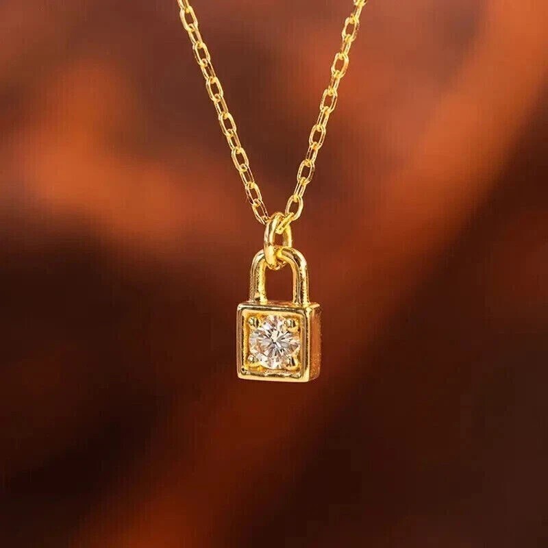 Round Cut Simulated Diamond Lock Pretty Pendant Women’s 14K Yellow Gold Plated