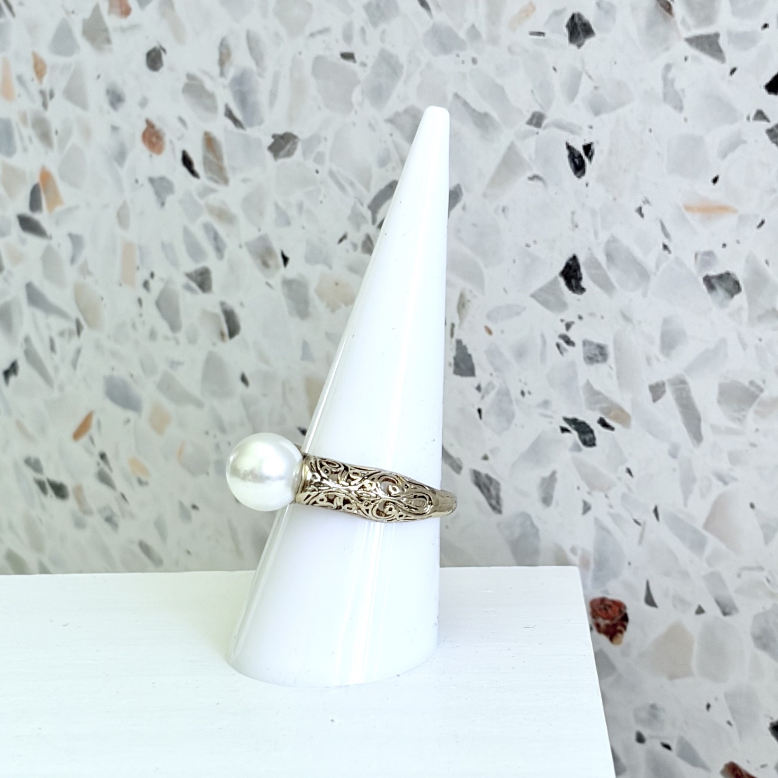 Freshwater Pearl 14k Yellow Gold & 925 Sterling Victorian Women’s Ring