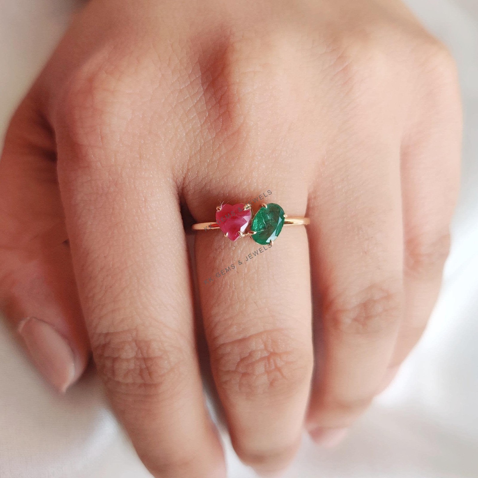 0.96 Ct Natural Emerald Ruby Ring 14K Yellow Gold Minimalist July Birthstone