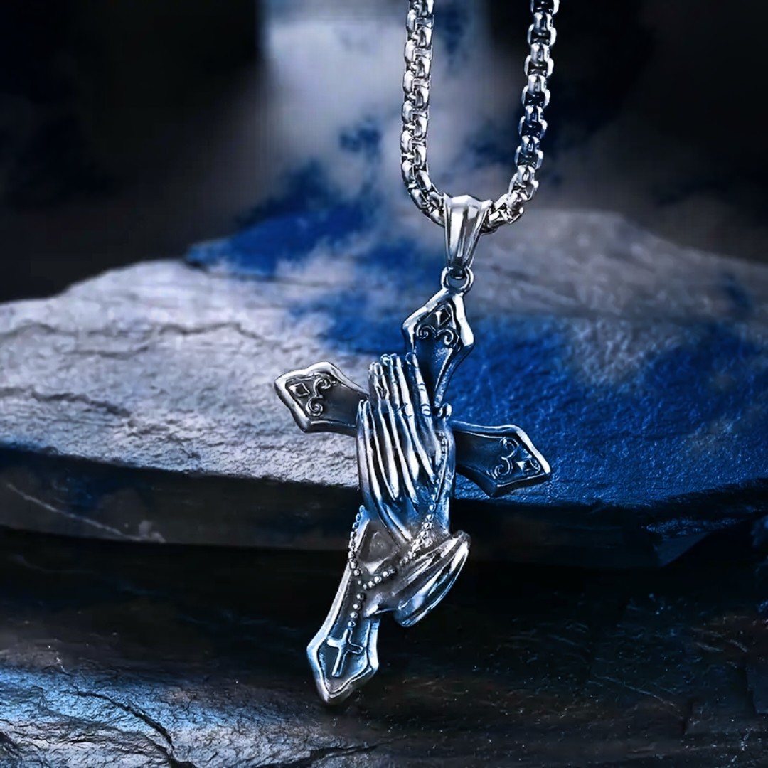 Praying Hands Cross Pendant Necklace Chain Faith Gift Mens Stainless Steel 24″