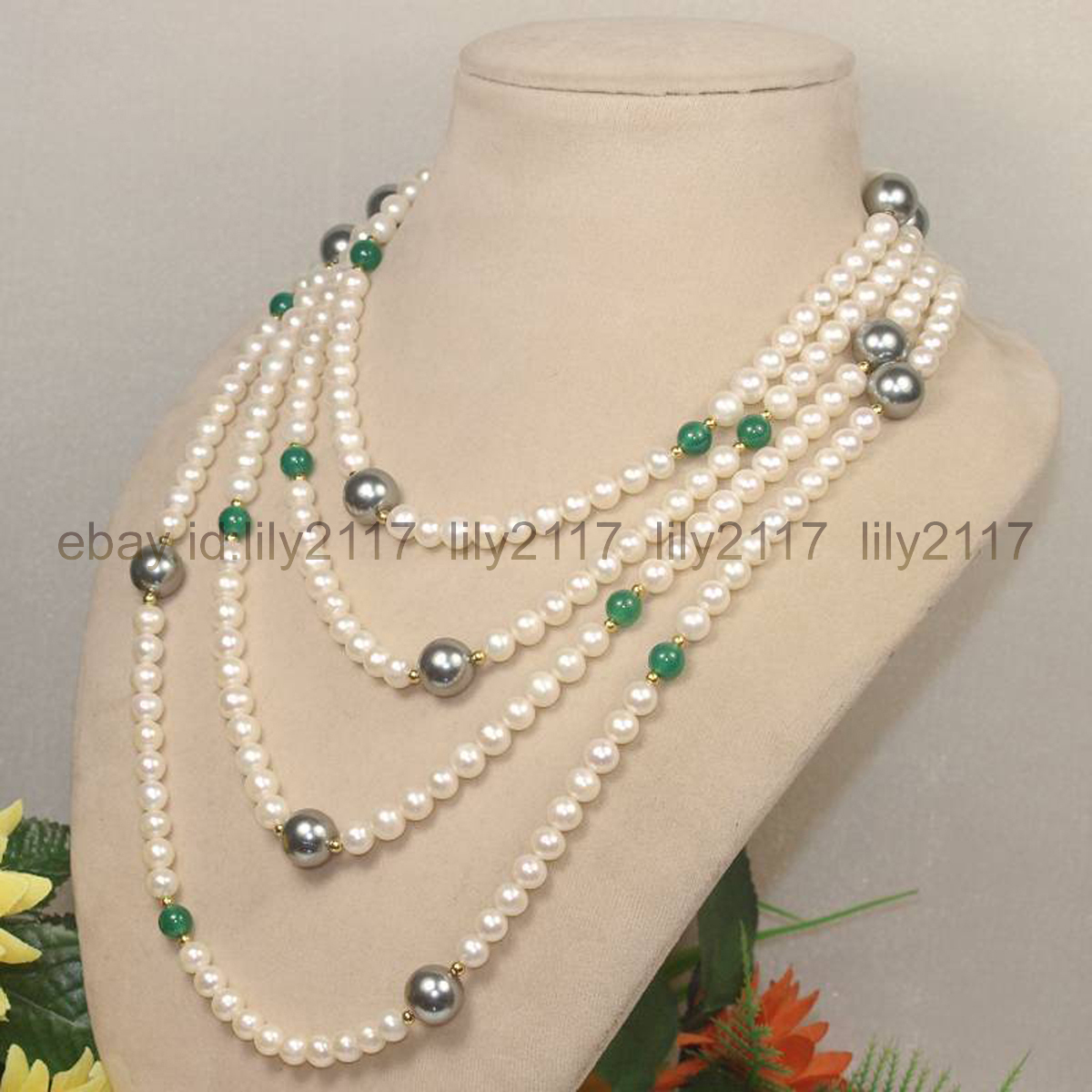 80 Inch 7-8mm white pearl 8mm Green Jade gems 14mm silver shell pearl necklace