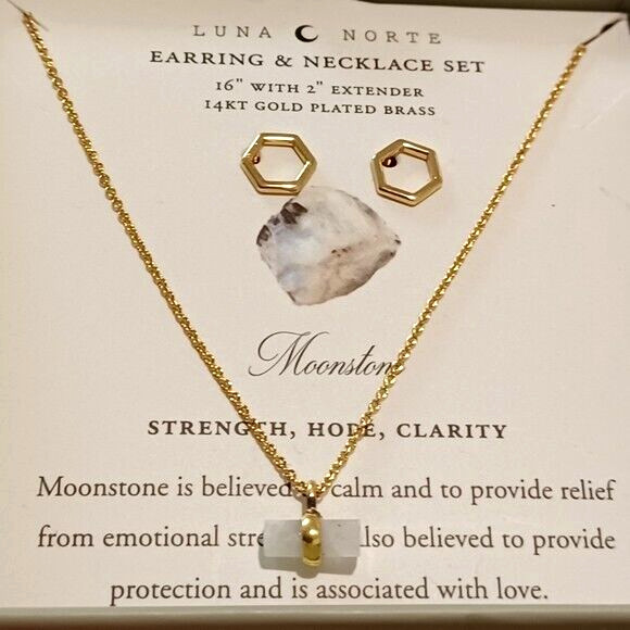 Luna Norte Necklace Stud Earrings Set Moonstone Pendant/Hexagon 14K Gold-Plated