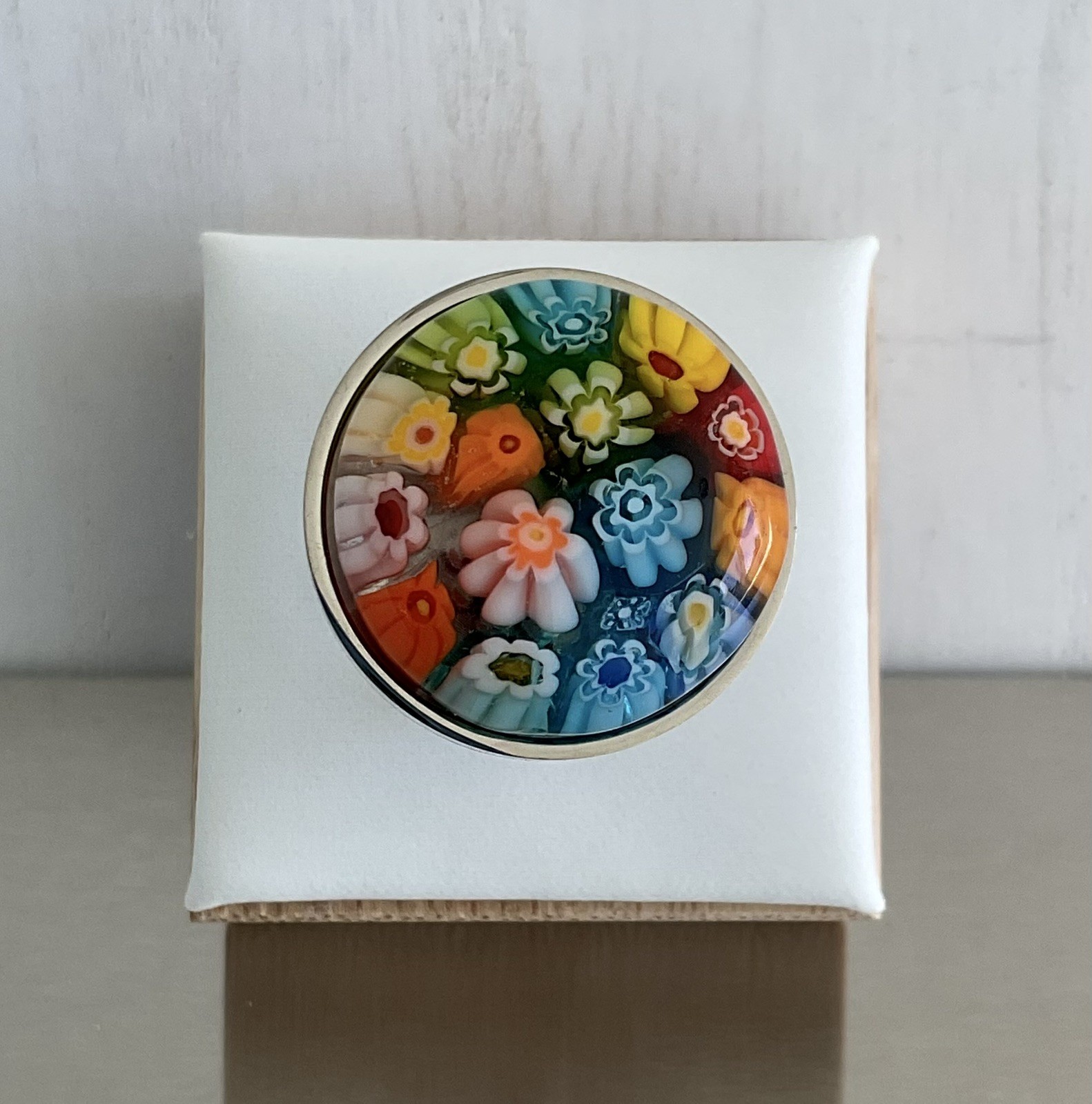 Multi Color Round Murano Millefiori Style Glass Ring Stainless Steel SZ 6, 9, 10