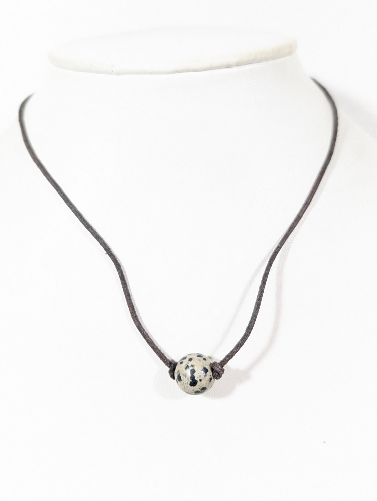 Canvas Spotted Dalmation Jasper Stone Brown Leather Cord Necklace Boho 17 in