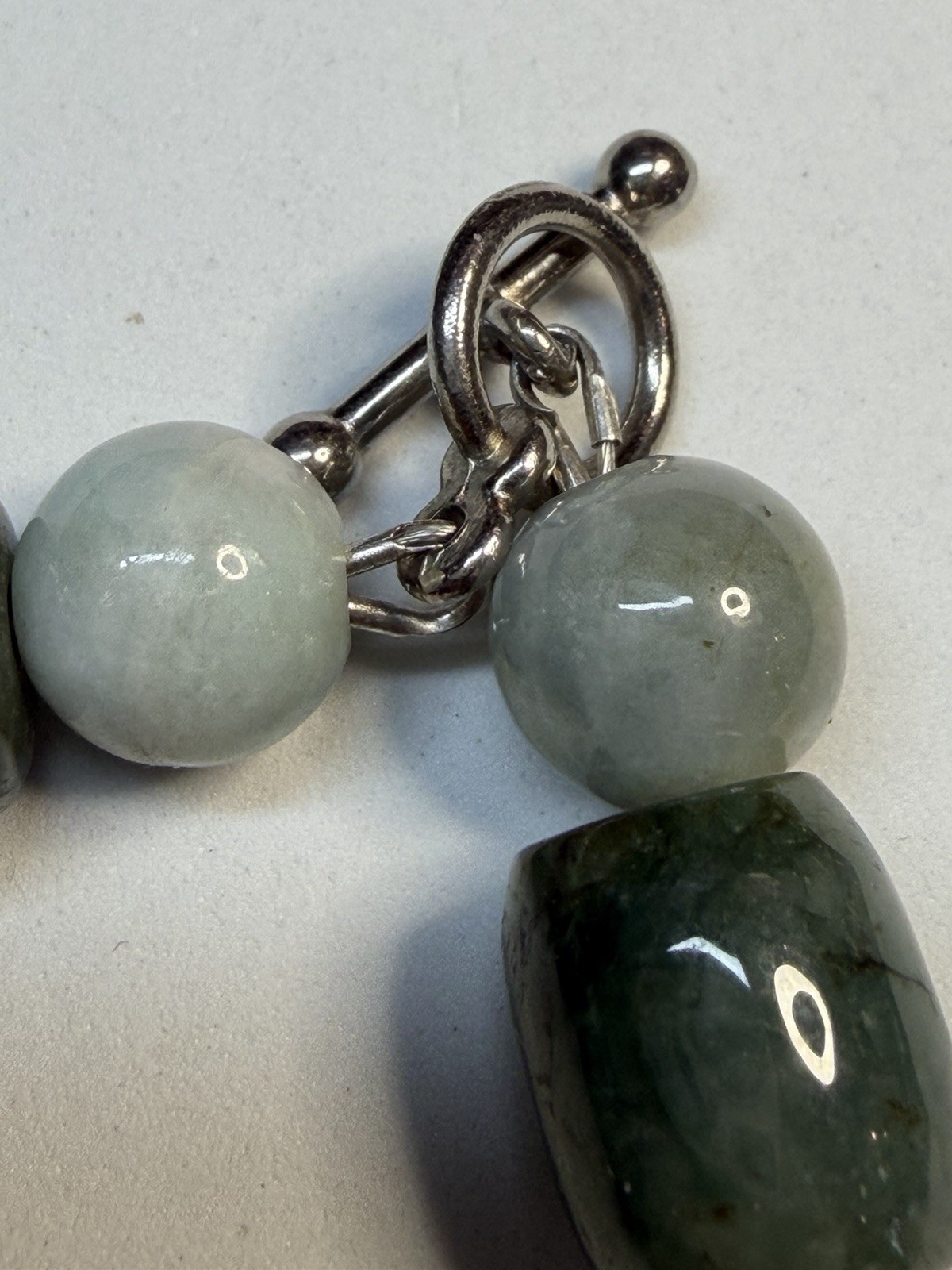 Vintage Natural Green Nephrite Jade & Agate Barrel Bead Toggle Bracelet 19.5cm