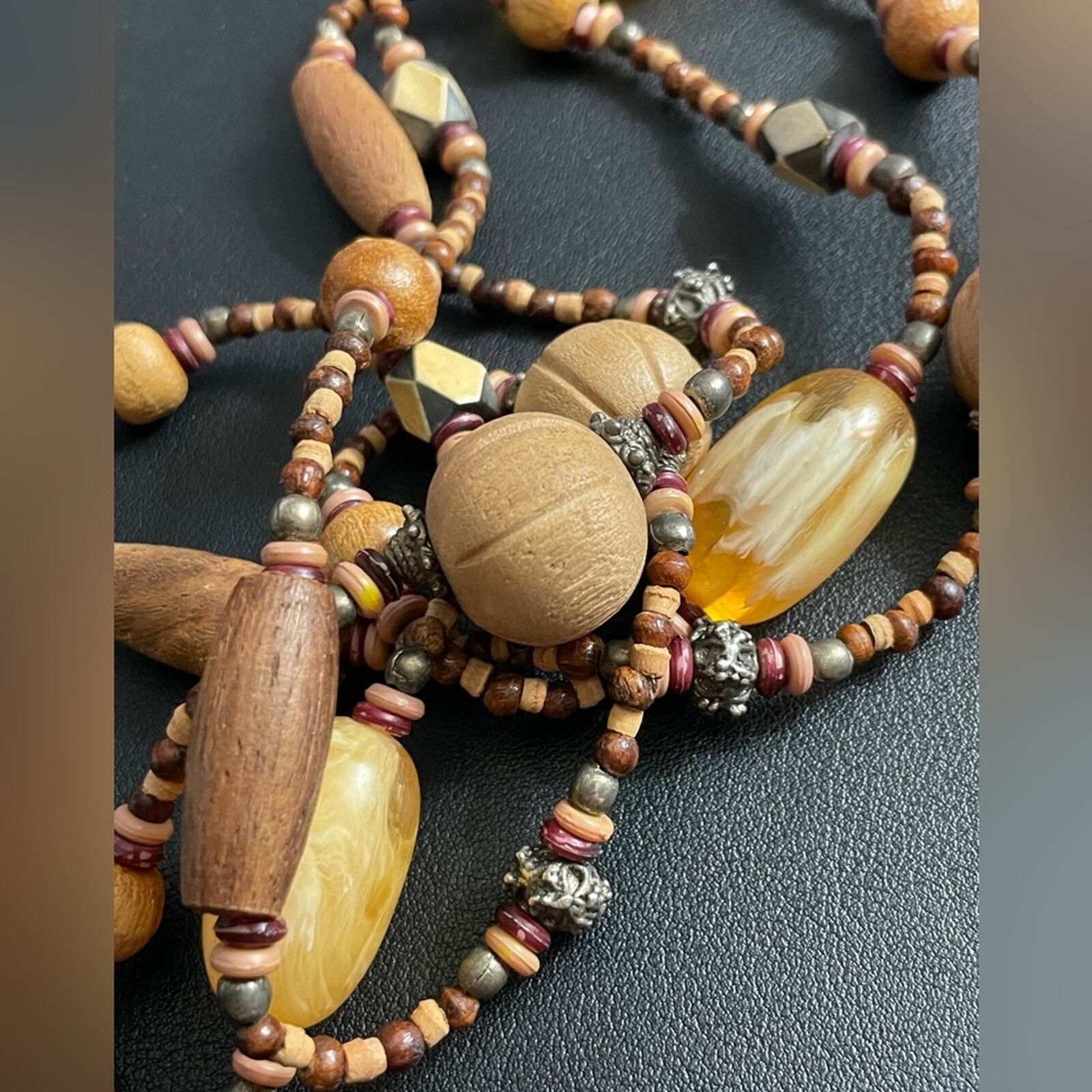 Vintage Wood Metal & Faux Amber 42″ Long Bead Necklace