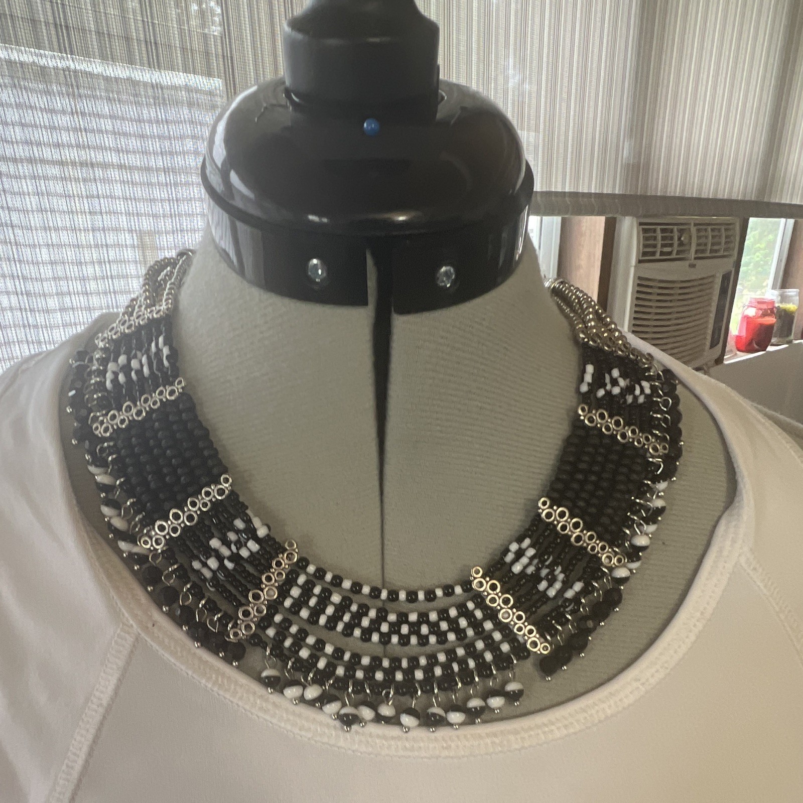 Black & White Beaded Statement Bib Necklace, Silver Tone Cable Chain, Adjustable