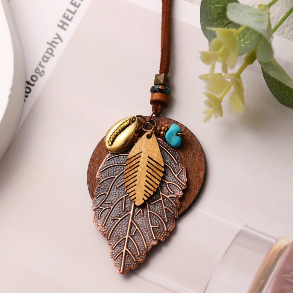 Boho Fashion Alloy Wood Turquoise Multi Combination Pendant PU Cord Necklace set