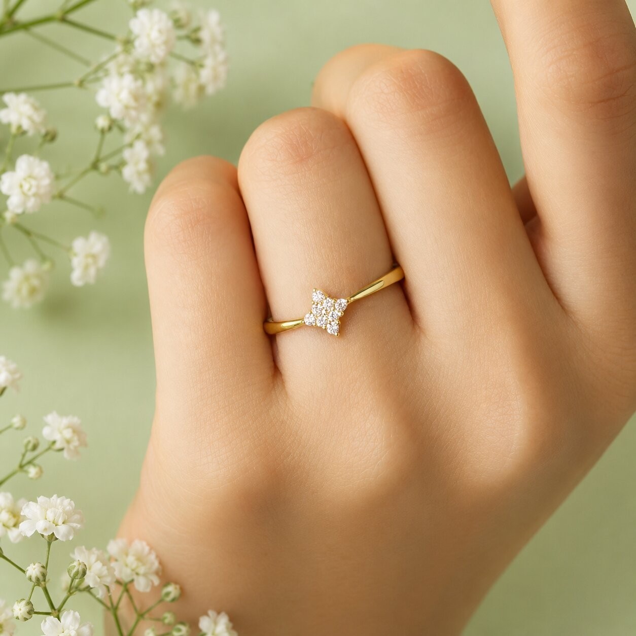 925 Sterling Silver Gold Plated Diamond Cluster CZ Ring Minimalist Women Ring