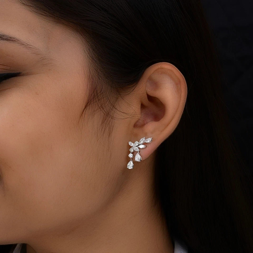 925 Silver moissinite fancy cut earring, for regular and party use.