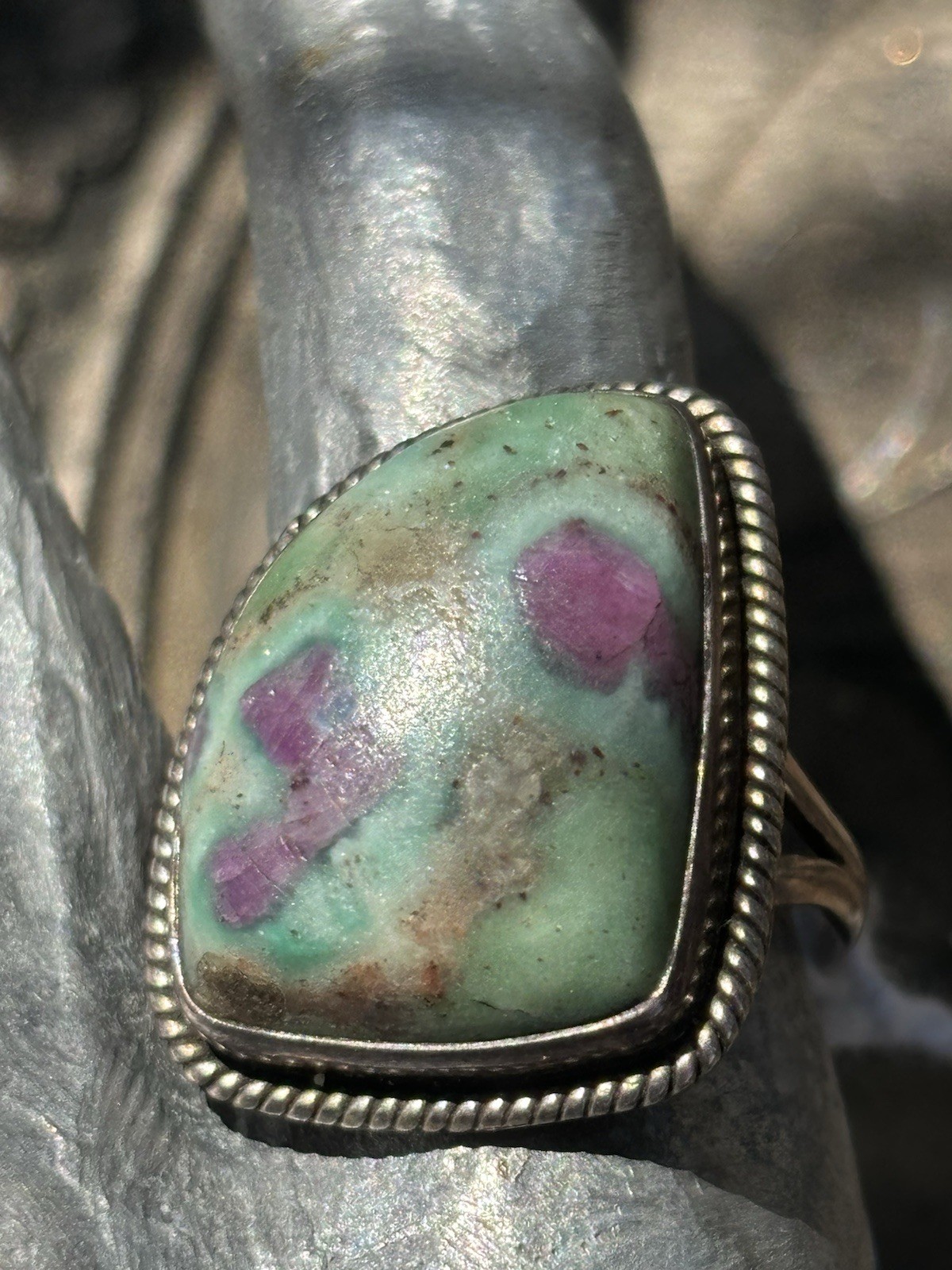 Handmade sterling silver Ruby in fuschite gemstone bezel set ring size 8.5