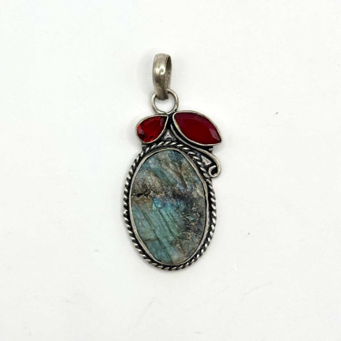 Vintage Rough Labradorite Garnet Gemstone Pendant Sterling Silver 925 Charm Blue