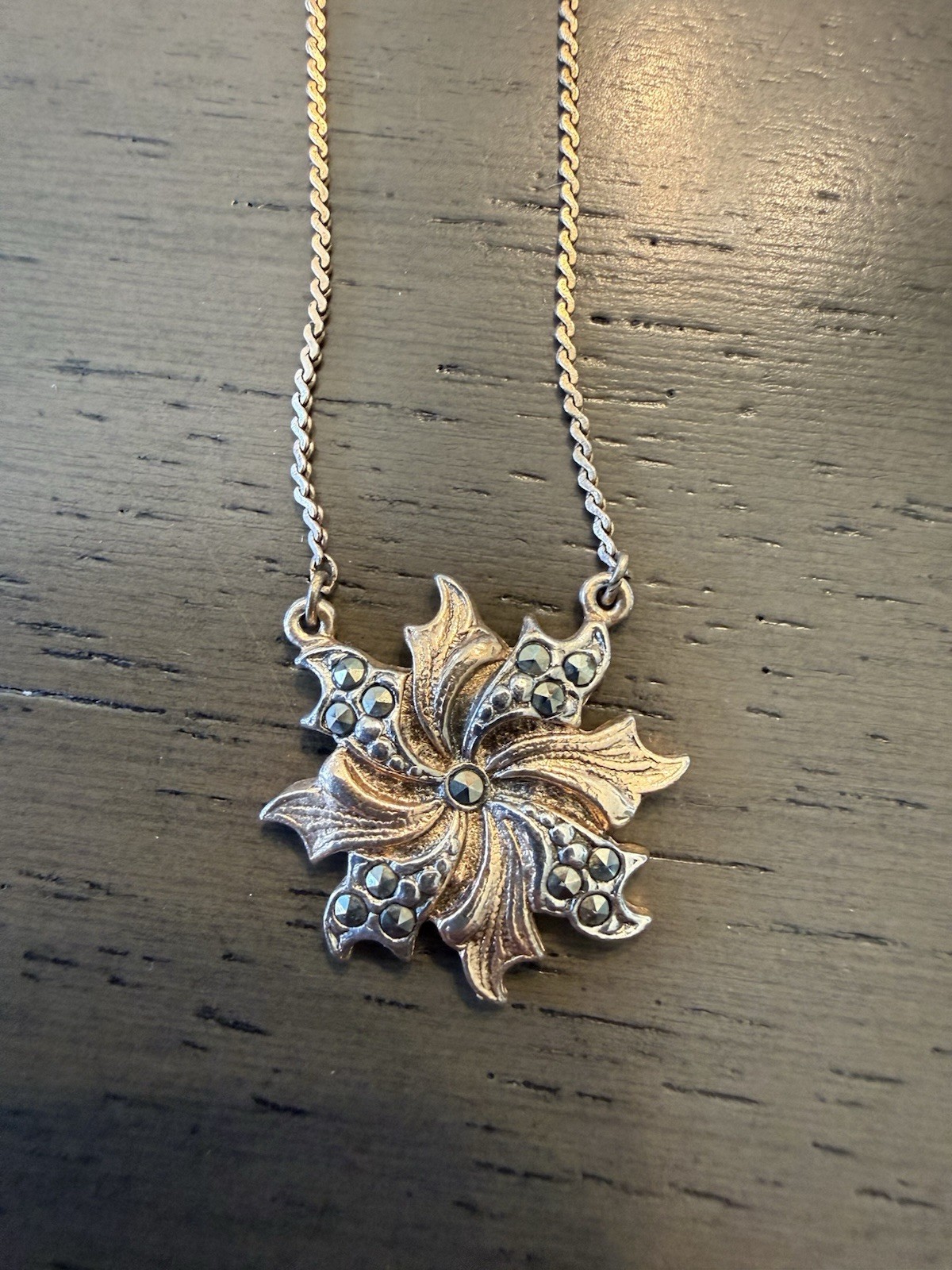Vintage 1928 Jewelry Floral Pendant Necklace Marcasite Style Two Tone