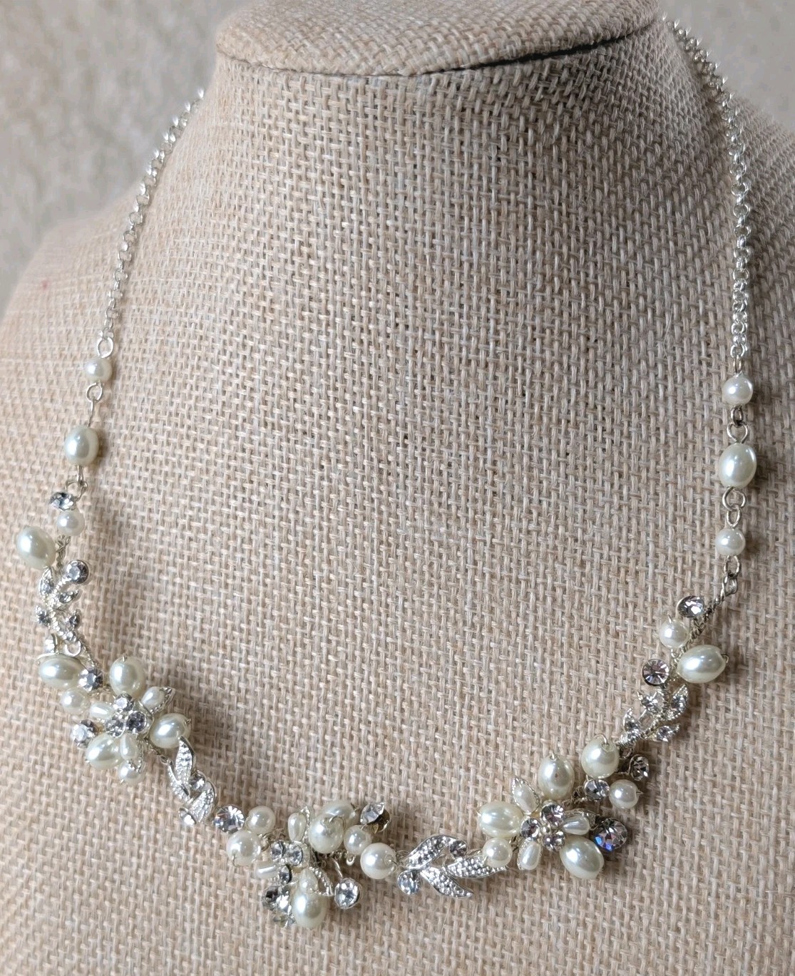 Pearl & Crystal Floral Statement Necklace Silver Tone Bridal Formal