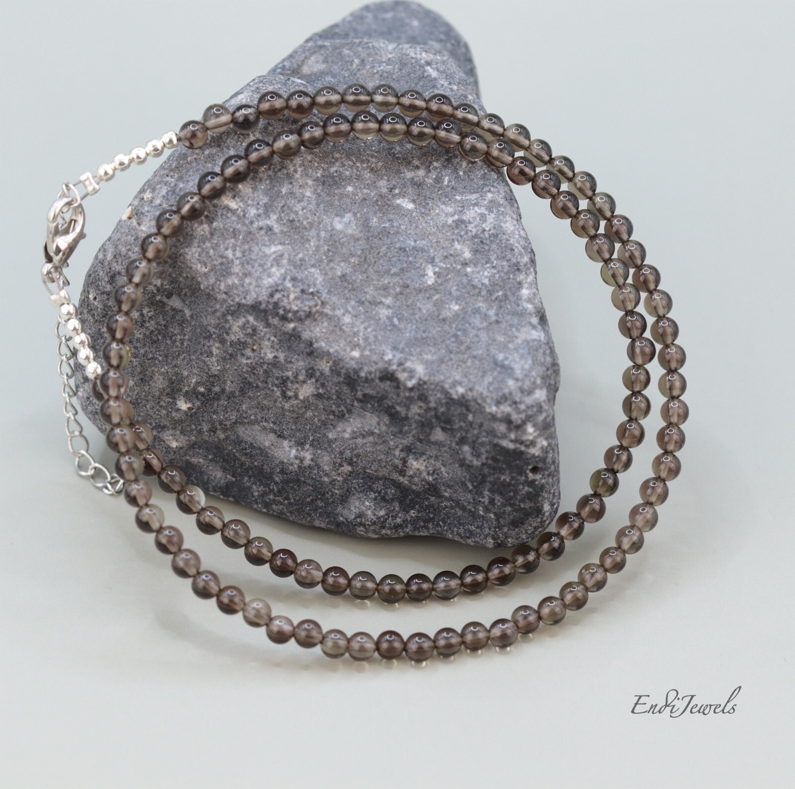 Natural Smoky quartz Small 3mm Round Beaded Choker adjustable 15 to 17 inches