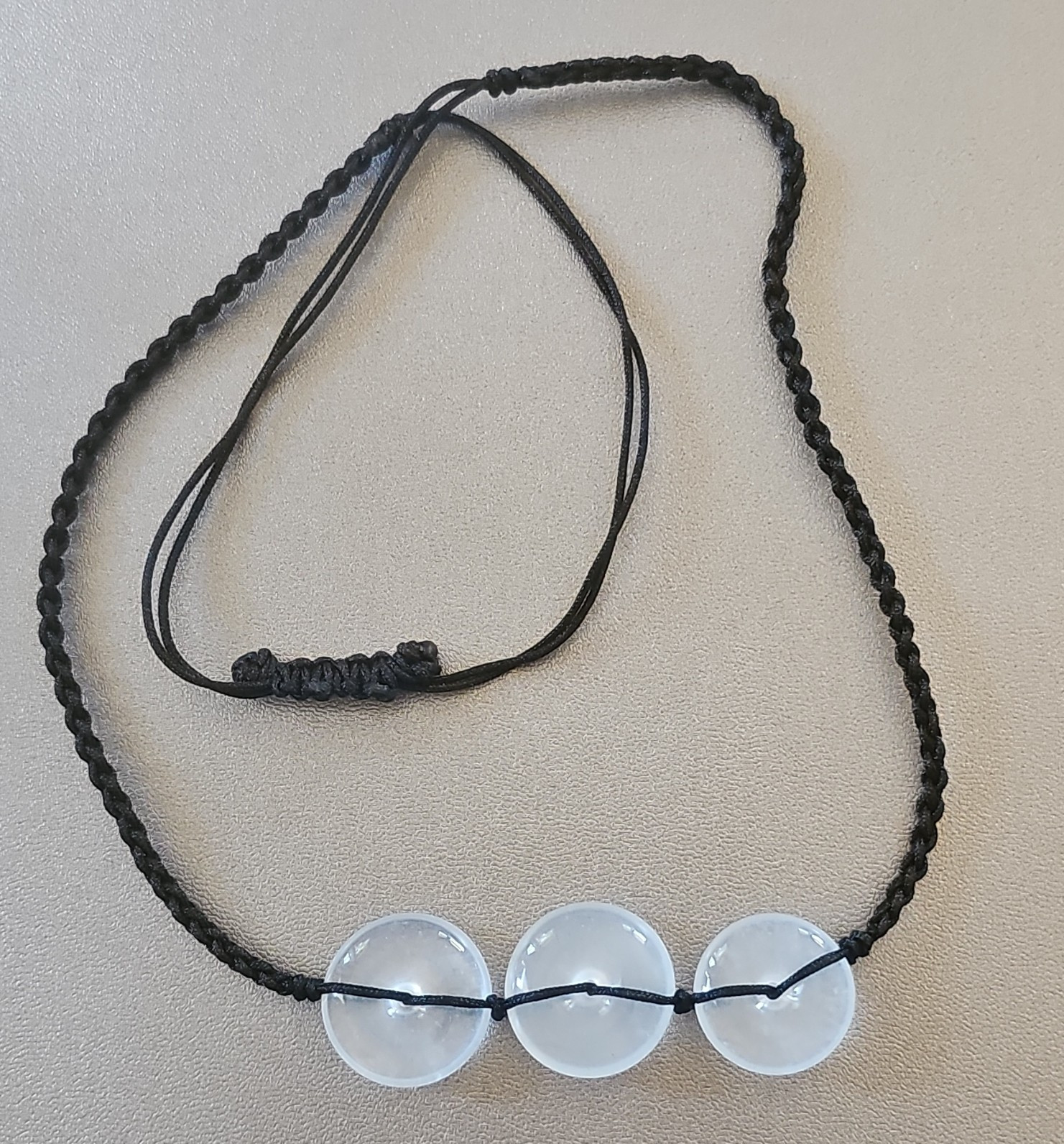 Adjustable Black Cord Necklace 3 Clear Round Glass Peace Pendant Slide Closure