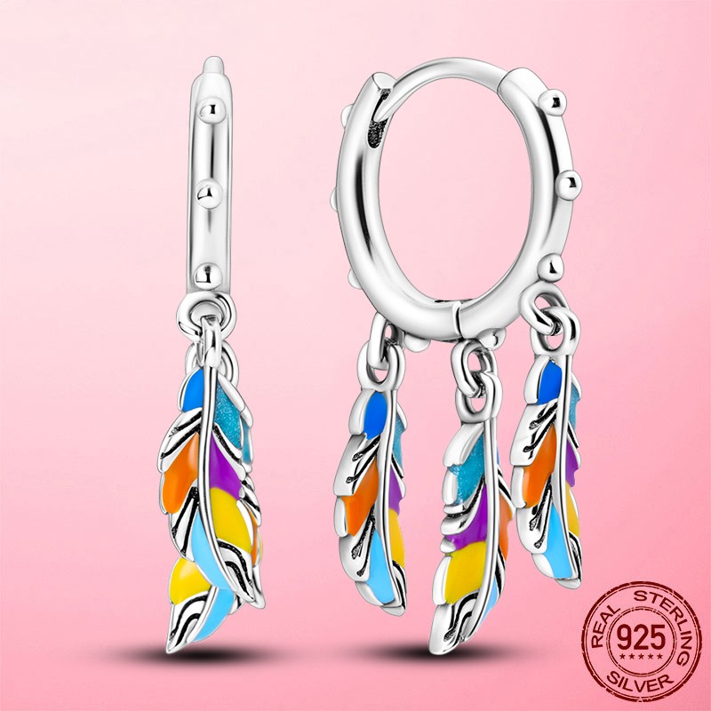 LAZA Women Colorful Dream Feather 925 Sterling Silver Hoop Earrings CZ Jewelry